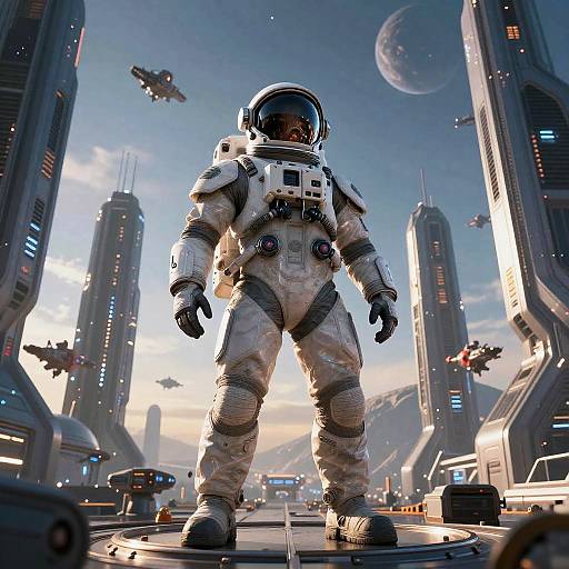 Digital artwork of a lone astronaut in a white spacesuit standing in a futuristic, sci-fi cityscape with towering buildings, flying vehicles, and a planet