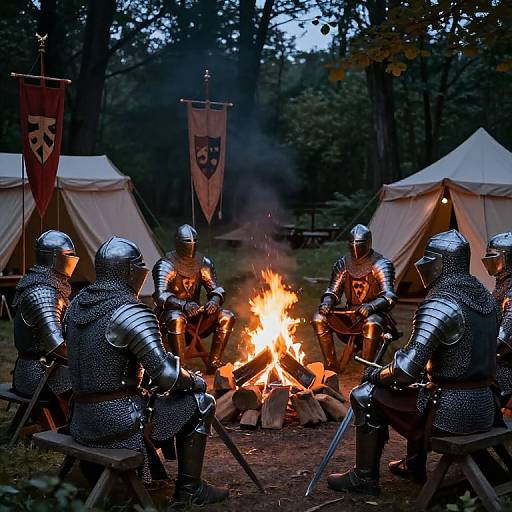 Medieval Knights Around Campfire at Twilight