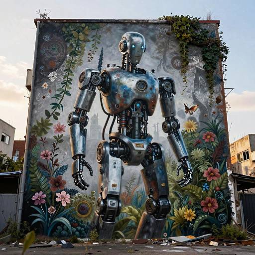 Photograph of a large, metallic robot graffiti mural with colorful floral and abstract patterns, standing against a weathered, urban wall.
