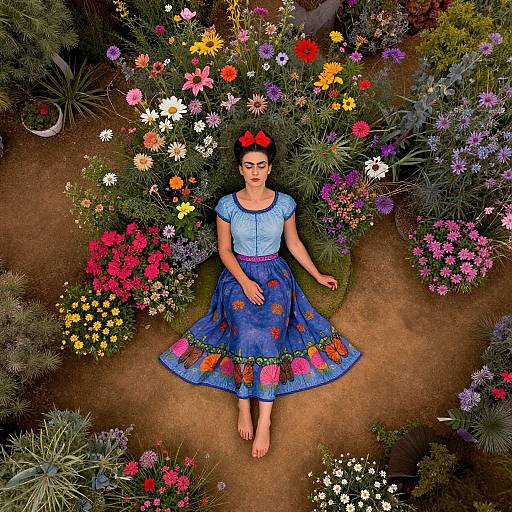 Digital artwork of a woman with dark hair and red bow, wearing a blue dress with flower embroidery, lying barefoot in a colorful, lush garden of