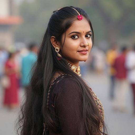Photograph of a young Indian woman with long black hair, wearing a red bindi, gold jewelry, and a black embroidered dress, standing in a