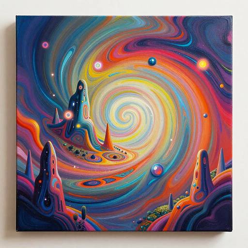Vibrant, psychedelic digital painting of swirling, colorful cosmic landscape with glowing orbs, abstract rock formations, and a bright central vortex.