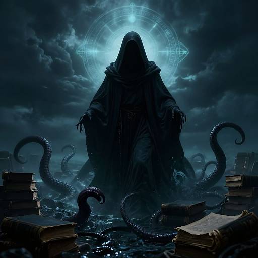 Digital art: Dark, hooded figure with tentacles emerging from water, surrounded by books, under glowing blue magical circle in stormy sky.