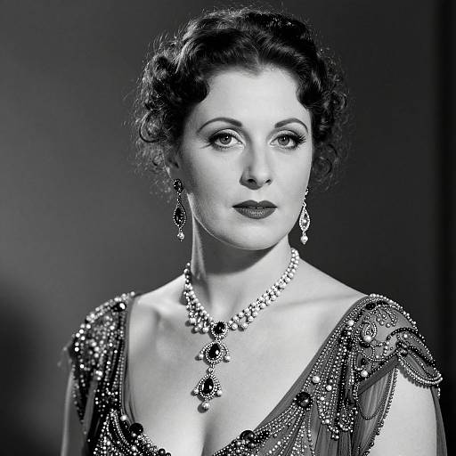 Black and white photograph of a fair-skinned woman with vintage 1930s hairstyle, wearing an ornate, beaded, one-shoulder