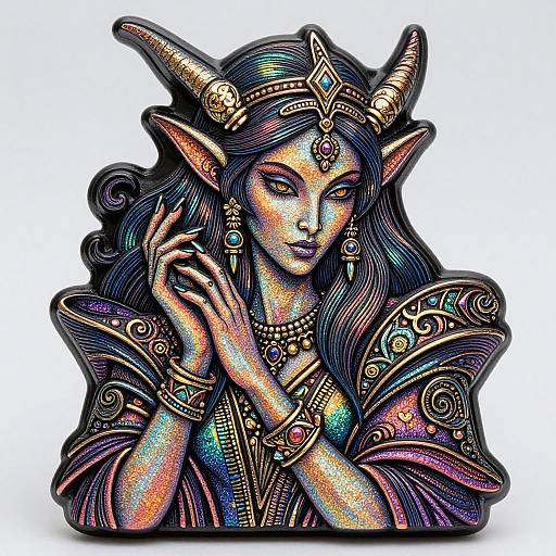 Vibrant digital illustration of a fantasy elf with dark blue hair, golden horns, and intricate jewelry, wearing ornate, colorful armor.
