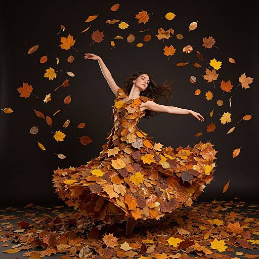 Photograph of a dancing woman in an orange autumn leaf dress, surrounded by floating leaves, against a black background.