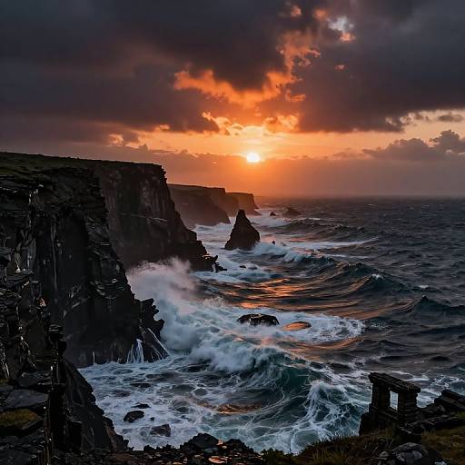 Photograph of a dramatic, stormy seascape at sunset; dark, jagged cliffs with waves crashing, bright orange and red clouds overhead.
