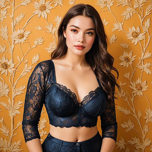 Woman in Green Lace Lingerie with Floral Background