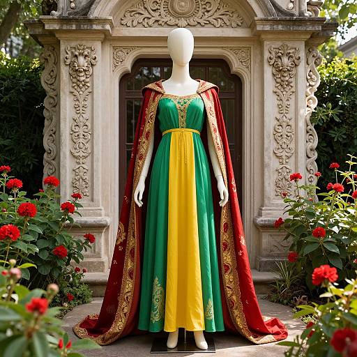 Photograph of a white mannequin wearing a green and yellow dress with an ornate red and gold cape, standing in front of an intricately