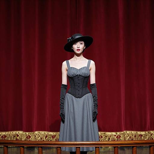Elegant Woman on Stage with Red Curtain