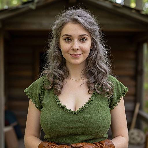 Photograph of a fair-skinned, young woman with wavy gray hair, wearing a green, low-cut, short-sleeved dress and brown