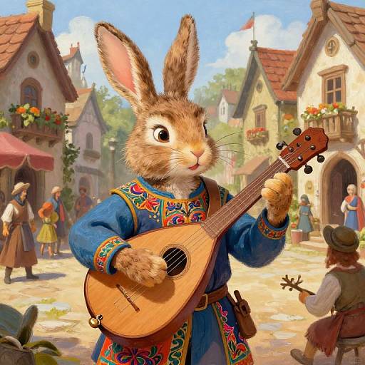 Digital art of a anthropomorphic rabbit in a colorful embroidered blue shirt playing a lute in a sunny, medieval village square.