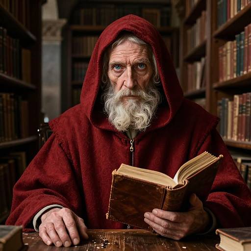 Photograph of an elderly man with a white beard, blue eyes, and a red hooded robe, reading an open book in a dimly lit