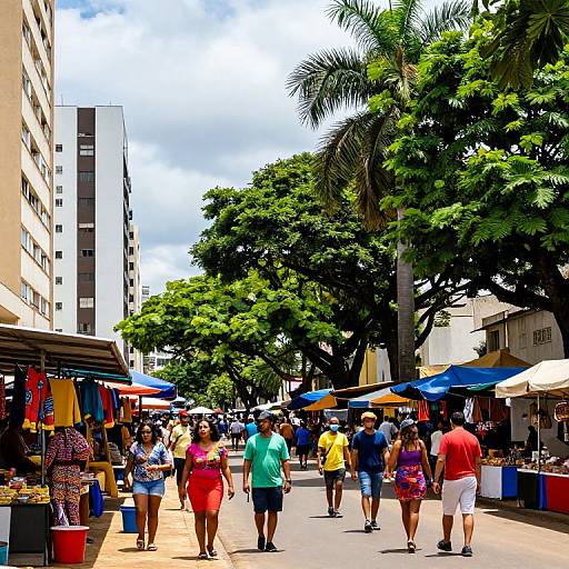 Vibrant street market scene: diverse crowd in summer clothes, colorful stalls under blue umbrellas, tall buildings, lush green trees, sunny day.