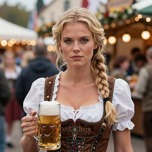 Blonde Woman in Traditional Oktoberfest Dress Holding Beer
