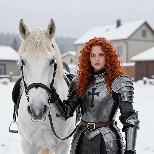 Warrior Woman with Horse in Winter Setting
