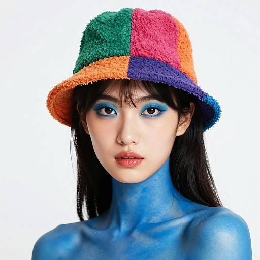 Woman with Blue Body Paint and Colorful Hat