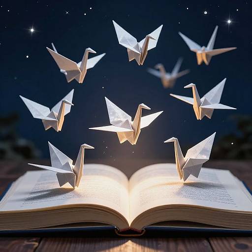 Photograph of an open book with glowing pages emitting light, surrounded by white origami birds flying against a starry night sky background.