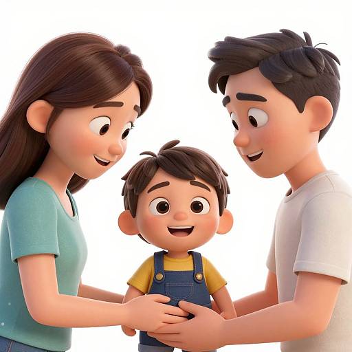 3D CGI family portrait of a smiling father, mother, and son with brown hair, wearing casual clothes, holding hands, white background.