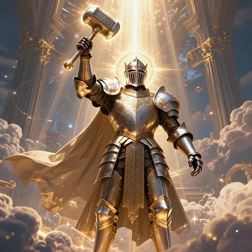 Digital art of a radiant, armored knight with a glowing helmet, holding a hammer, standing amidst clouds and grand columns.