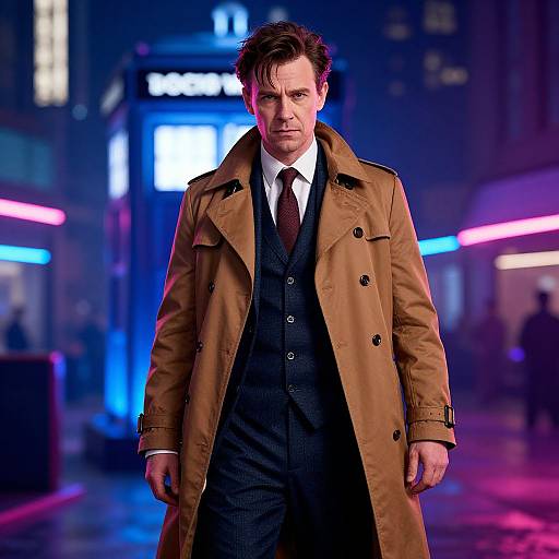 Photograph of a serious man in a brown trench coat, black vest, white shirt, and black tie, standing in a neon-lit, futuristic