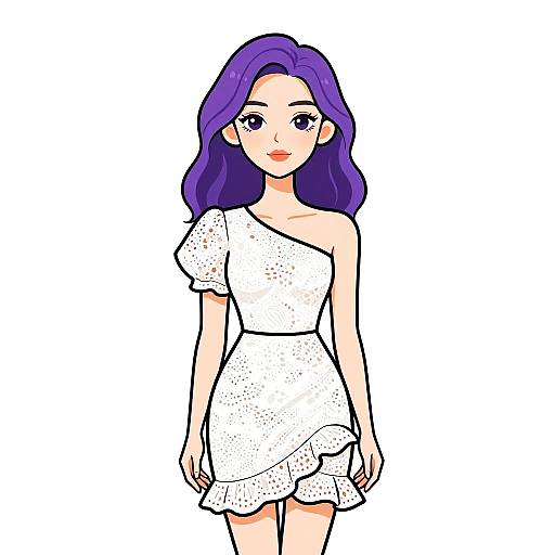 Digital drawing of a cute, anime-style woman with purple hair, wearing a white, one-shoulder, dotted dress, standing against a plain white
