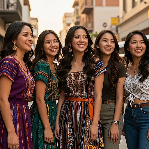 Photograph of five smiling South Asian women with long black hair, standing closely together in colorful traditional and casual outfits on a sunlit urban street.