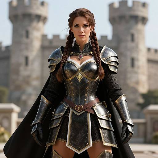 Digital art of a fierce, armored woman with long braids, standing before a medieval castle. She wears black and silver armor with a flowing cape,
