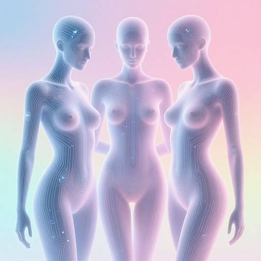 Digital artwork of three glowing, white, nude female figures with detailed wireframe textures, standing close together against a radiant blue and pink gradient background.