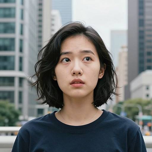 Photograph of an Asian woman with shoulder-length black hair, wearing a black shirt, standing in a busy urban cityscape with tall buildings and trees in