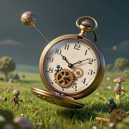 Fantastical CGI image of a gold pocket watch with gears, standing upright in a grassy field with tiny, colorful, whimsical creatures.