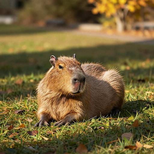 Photograph of a chubby groundhog with brown fur, lying on green grass, surrounded by autumn leaves and sunlit background.