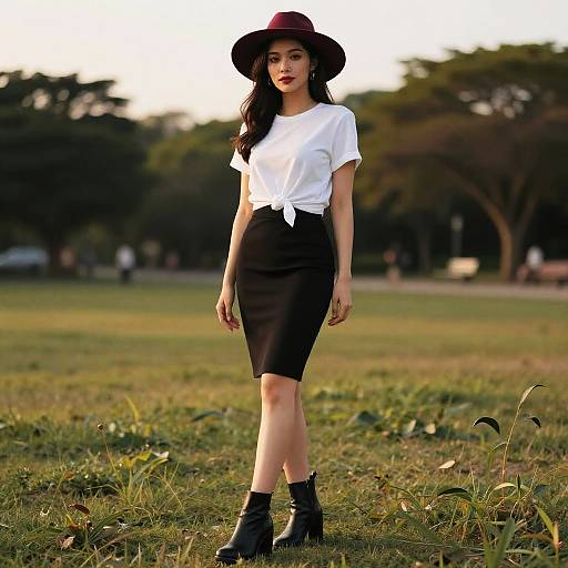 Photograph of a young Asian woman in a white tied shirt, black skirt, black boots, and wide-brimmed hat, standing in a sun