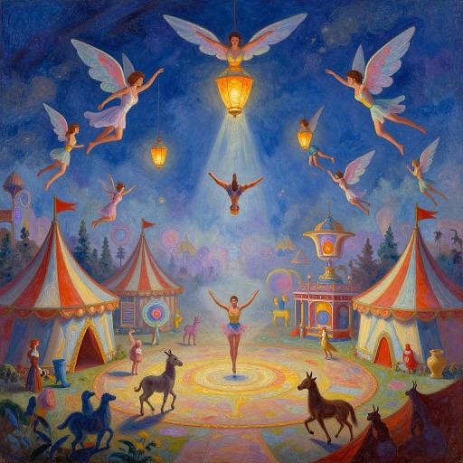 Whimsical circus scene: fairy-like angels with wings circle a central performer, surrounded by colorful tents, lanterns, and dancing horses under a star