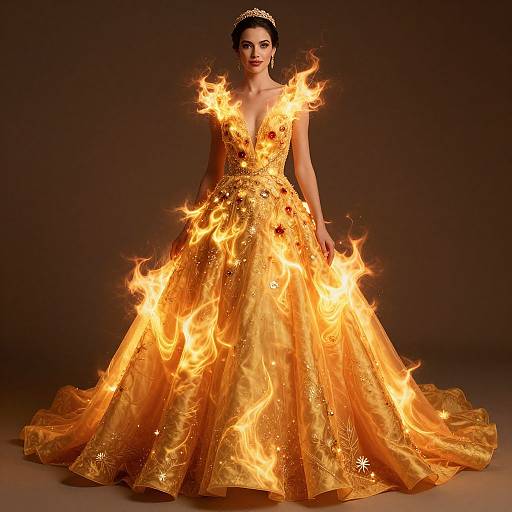 Photograph of a woman in a fiery, gold, ornate gown with flames dancing on the fabric, standing against a dark background. Crown on head