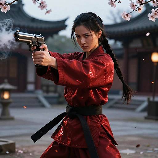 Photorealistic digital artwork of an Asian woman with black braided hair, wearing a red martial arts gi, firing a handgun outside a traditional Asian building