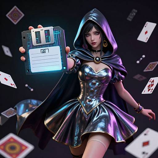 Digital artwork of a dark-haired woman in a shiny black hooded dress, holding a glowing card reader amidst floating cards.