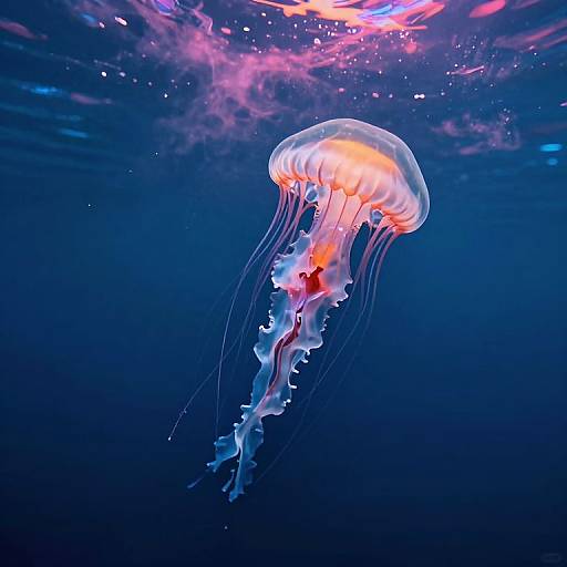 Photograph of a glowing, orange-and-white jellyfish with delicate, flowing tentacles, floating in a deep blue underwater ocean, illuminated by pink and