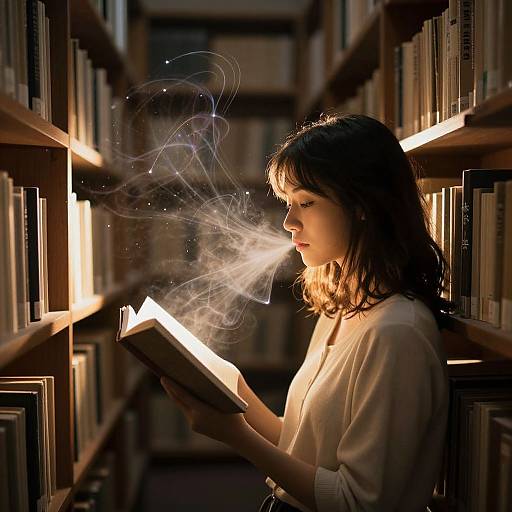Photograph of a young woman with dark hair reading a book in a dimly lit library, with ethereal light trails emanating from the book.