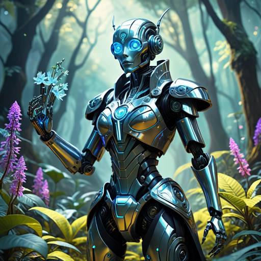 Futuristic Robot Holding Flowers in Forest