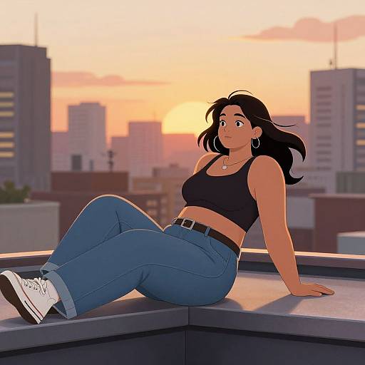 Digital illustration of a Latina woman with black hair, wearing a black crop top, blue jeans, and white sneakers, sitting on a rooftop at sunset,