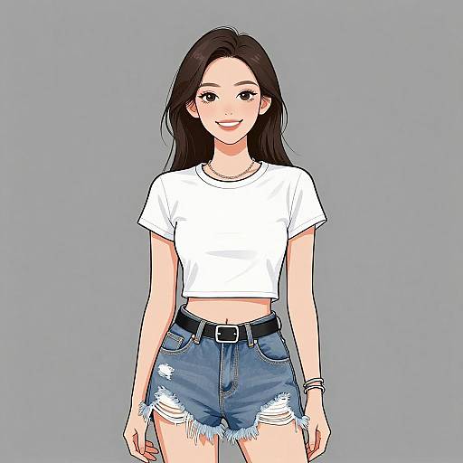 Digital anime-style drawing of a smiling young woman with long black hair, wearing a white crop top and distressed denim shorts.