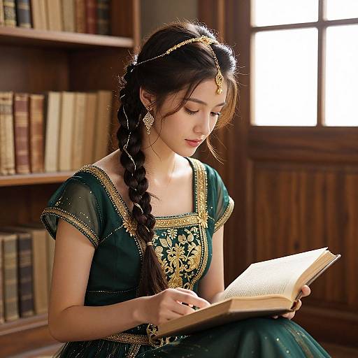 Photograph of an elegant Asian woman with long braided hair, wearing a green and gold embroidered dress, reading in a sunlit library.