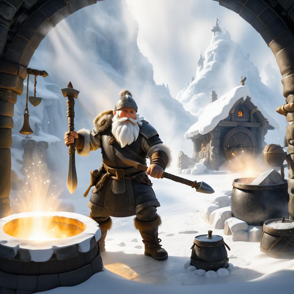 Dwarf Blacksmith in Mountain Forge Scene