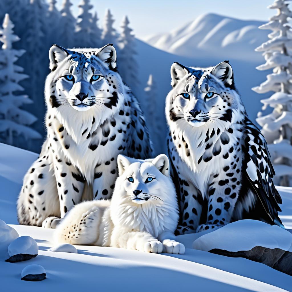 Serene Trio: Snow Leopard, Arctic Fox, Raven