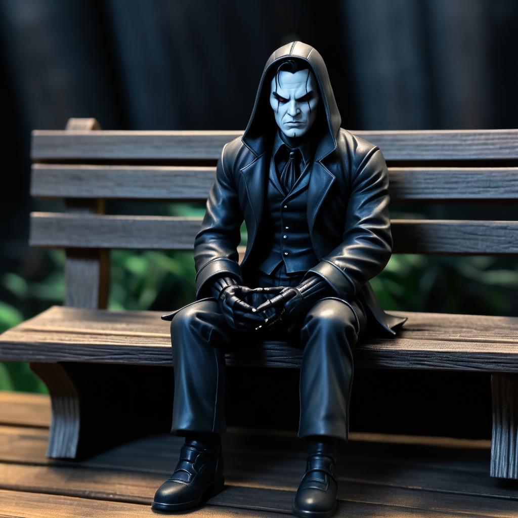 Sinister Action Figure on Rustic Bench