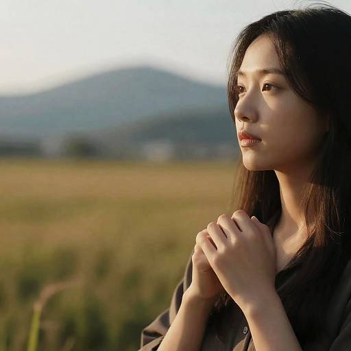 Photograph of an Asian woman with long black hair, wearing a dark top, hands clasped near her chest, gazing contemplatively at a sun