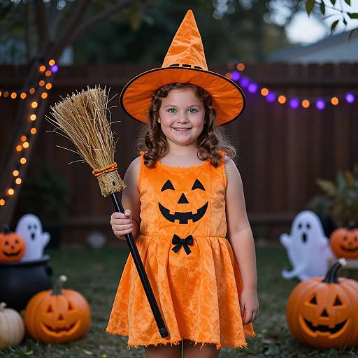 Photograph of a smiling young girl in an orange witch dress and hat, holding a broom, surrounded by Halloween decorations.