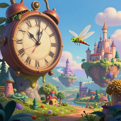 Whimsical digital art: oversized clock with black hands, vibrant dragonfly, colorful fantasy landscape, floating castles, mushrooms, and playful flowers under