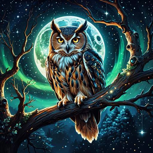 Celestial Owl on Oak Branch at Night